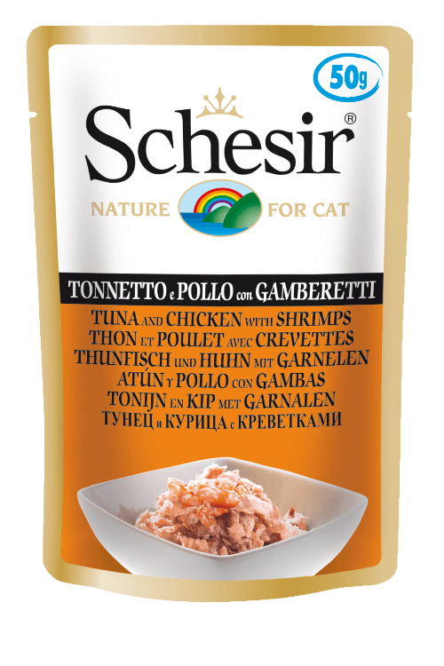 Schesir Tuna Chicken Shrimp Wet Cat Food Pouch - 50g Natural Jelly Recipe with Triple Protein