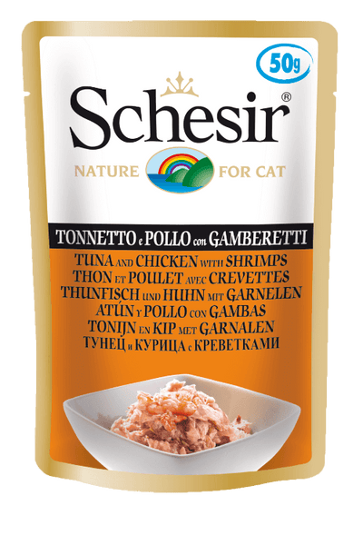Schesir Tuna Chicken Shrimp Wet Cat Food Pouch - 50g Natural Jelly Recipe with Triple Protein