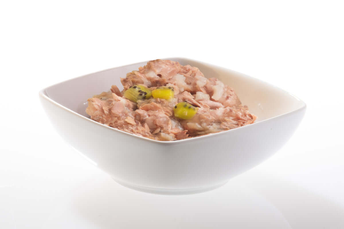 a bowl of Schesir Tuna Kiwi Canned Cat Food

