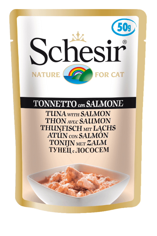 Schesir Tuna and Salmon Wet Cat Food Pouch - 50g Natural Jelly Recipe with Lean Protein