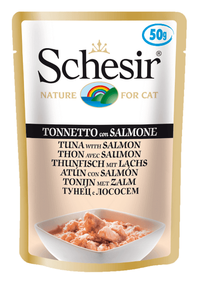 Schesir Tuna and Salmon Wet Cat Food Pouch - 50g Natural Jelly Recipe with Lean Protein