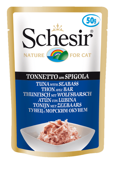 Schesir Tuna and Sea Bass Wet Cat Food Pouch - 50g Natural Jelly Recipe with Omega-3 Rich Fish