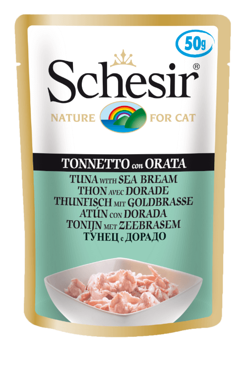 Schesir Tuna and Sea Bream Wet Cat Food Pouch - 50g Natural Jelly Recipe with Lean Protein