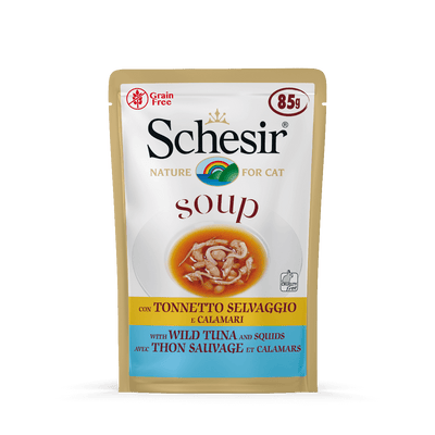 Schesir Tuna Squid Soup Wet Cat Food Pouch - 50g Grain-Free Liquid Recipe with Omega-3