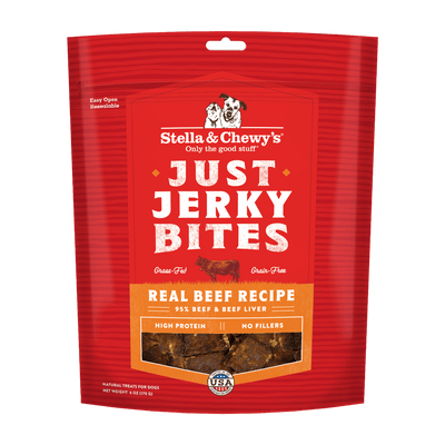Stella & Chewy's Just Jerky Bites Dog Treats featuring 95% beef, high protein, no fillers, and grain-free ingredients.