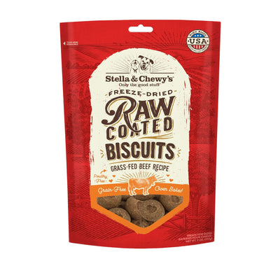 Stella & Chewy's Beef Raw Coated Biscuits Dog Treats, freeze-dried, grass-fed beef, grain-free, oven-baked treats.