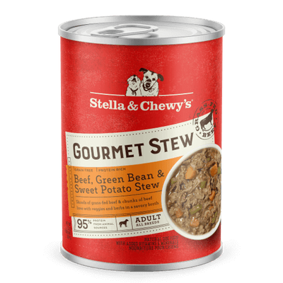 Stella & Chewy's Beef, Green Bean & Sweet Potato Gourmet Stew can for dogs, featuring grain-free, protein-rich ingredients.