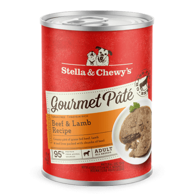 Stella & Chewy's Beef & Lamb Gourmet Pâté wet dog food can, grain-free, rich in protein, for all breeds.