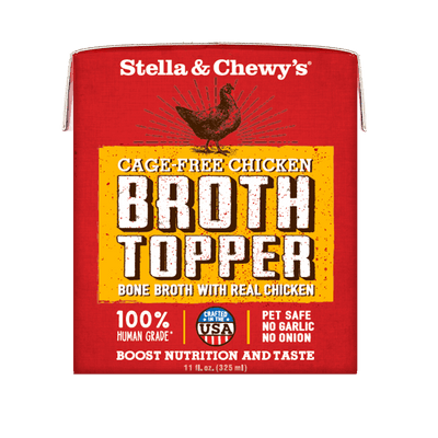 Stella & Chewy's Cage-Free Chicken Broth Topper for dogs, 100% human-grade, boosts nutrition and taste.