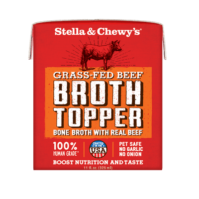 Stella & Chewy's Grass-Fed Beef Broth Topper for dogs, made with human-grade ingredients, boosts nutrition and taste.