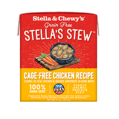 Stella & Chewy's Cage-Free Chicken Recipe Stew, grain-free wet dog food made with human-grade ingredients.