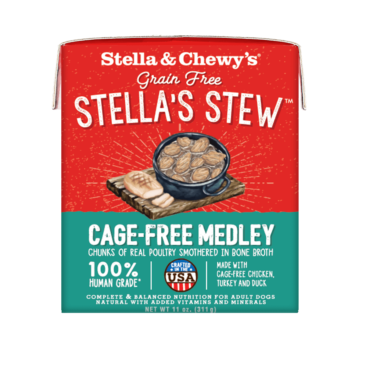 Stella & Chewy's Cage-Free Medley dog food in an 11 oz package, featuring chicken, turkey, and duck in bone broth.