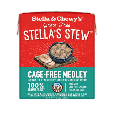 Stella & Chewy's Cage-Free Medley dog food in an 11 oz package, featuring chicken, turkey, and duck in bone broth.