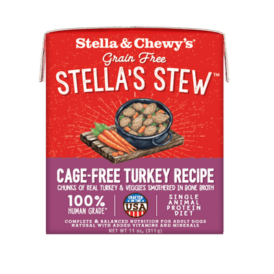 Stella & Chewy's Cage-Free Turkey Recipe Stew for dogs, grain-free, human-grade, complete nutrition, in bone broth.