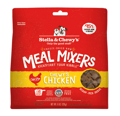 Stella & Chewy's Chewy's Chicken Freeze-Dried Raw Meal Mixers package, featuring 95% cage-free chicken and enriched nutrients.