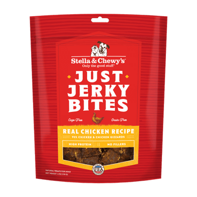 Stella & Chewy's Just Jerky Bites dog treats, real chicken recipe, 95% protein, no fillers, high-quality dog snacks.