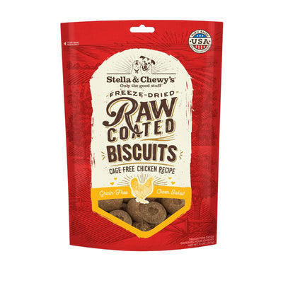 Stella & Chewy’s freeze-dried raw coated chicken biscuits, grain-free dog treats in 9oz packaging.