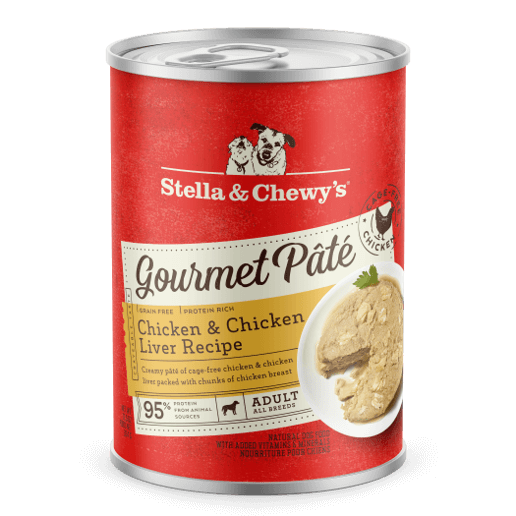 Stella & Chewy's Chicken & Chicken Liver Gourmet Pâté, grain-free wet dog food with chunks of chicken, 95% protein.