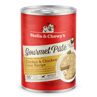 Stella & Chewy's Chicken & Chicken Liver Gourmet Pâté, grain-free wet dog food with chunks of chicken, 95% protein.