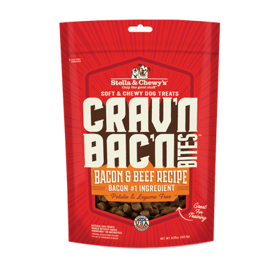 Stella & Chewy’s Crav’n Bac’n Bites Bacon & Beef Recipe dog treats, soft and chewy, great for training, potato-free, legume-free.
