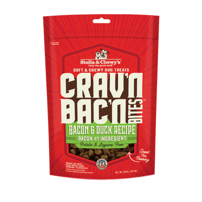 Stella & Chewy's Crav'n Bac'n Bites Bacon & Duck Recipe, soft and chewy dog treats, potato-free, great for training.