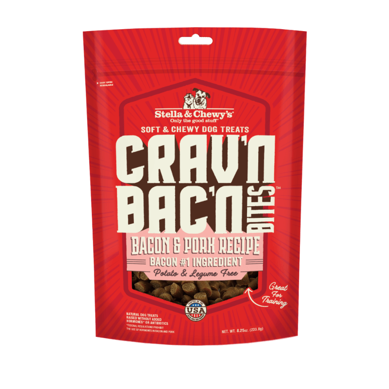 Stella & Chewy's Crav'n Bac'n Bites Bacon & Pork Recipe dog treats package, soft, chewy, protein-packed, low-calorie.