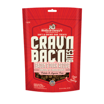 Stella & Chewy's Crav'n Bac'n Bites Bacon & Pork Recipe dog treats package, soft, chewy, protein-packed, low-calorie.