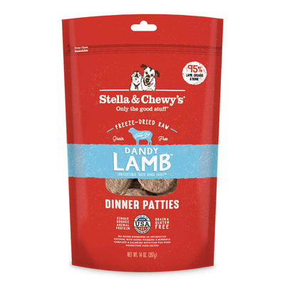 Stella & Chewy's Dandy Lamb Freeze-Dried Raw Dinner Patties packaging, made with 95% grass-fed lamb.