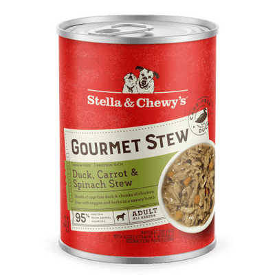 Stella & Chewy's Duck, Carrot & Spinach Gourmet Stew can for dogs, protein-rich and grain-free, featuring tender shreds of duck.