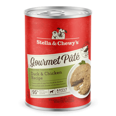 Stella & Chewy's Duck & Chicken Gourmet Pâté, grain-free wet dog food with 95% protein from animal sources.