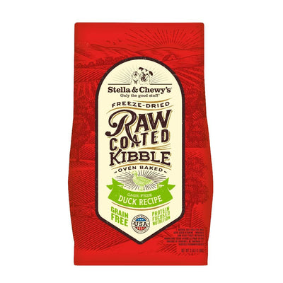 Stella & Chewy's freeze-dried raw coated kibble bag featuring duck recipe, grain-free, high protein dog food.