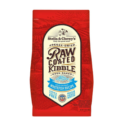 Stella & Chewy's freeze-dried raw coated kibble with wild caught whitefish, grain-free dog food packaging