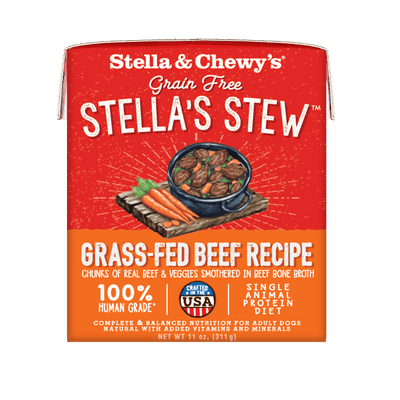 Stella & Chewy's Grass-Fed Beef Recipe Stew for dogs, human-grade, grain-free, meat-first ingredients in beef bone broth.