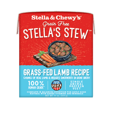 Stella & Chewy's Grass-Fed Lamb Stew Grain-Free Dog Food carton, featuring lamb and veggies in bone broth.