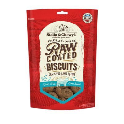 Stella & Chewy’s raw coated lamb biscuits, grain-free dog treats with crunchy texture and high protein.