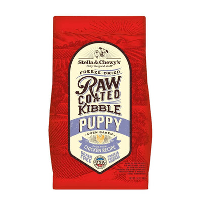 Stella & Chewy's Puppy Freeze-Dried Raw Coated Kibble Chicken Recipe in vibrant red packaging.