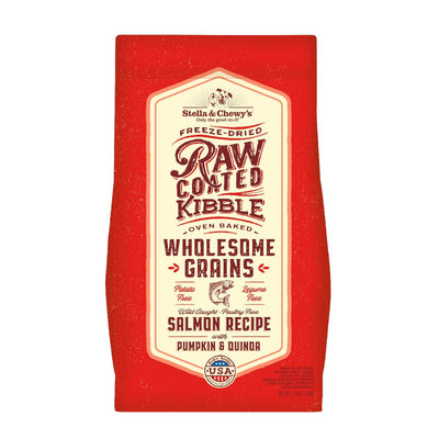 Stella & Chewy's Raw Coated Kibble with Salmon, Pumpkin & Quinoa, wholesome grains, freeze-dried, oven-baked pet food.