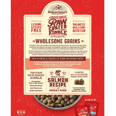 Stella & Chewy's Raw Coated Kibble with Salmon, Pumpkin & Quinoa, nutritious and wholesome grain dog food.