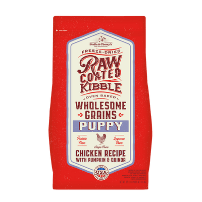 Stella & Chewy's freeze-dried raw coated puppy kibble with chicken, pumpkin & quinoa, packed with wholesome grains.