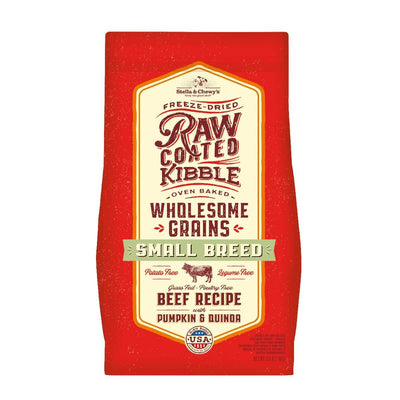 Stella & Chewy's Raw Coated Small Breed Kibble with Beef, Pumpkin & Quinoa, grain-inclusive, freeze-dried dog food.