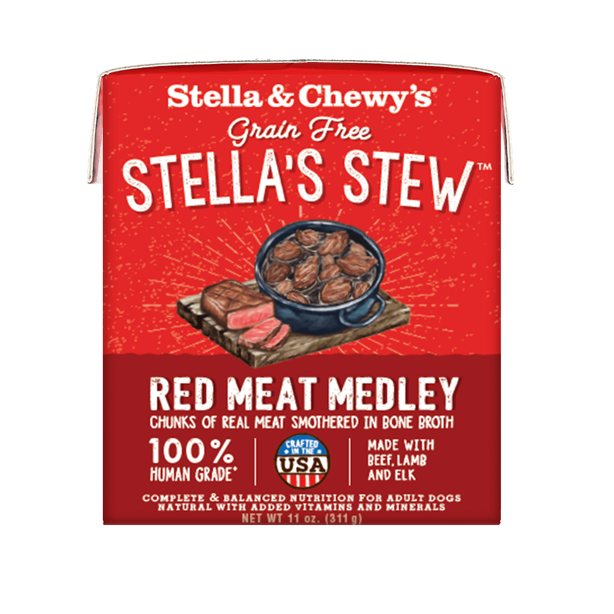 Stella & Chewy's Red Meat Medley stew with beef, lamb, and elk, 100% human-grade dog food in grain-free packaging.