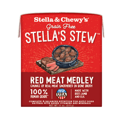 Stella & Chewy's Red Meat Medley stew with beef, lamb, and elk, 100% human-grade dog food in grain-free packaging.