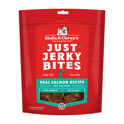 Stella & Chewy's Just Jerky Bites dog treats featuring 95% salmon, high protein, no fillers, and grain-free for all dogs.