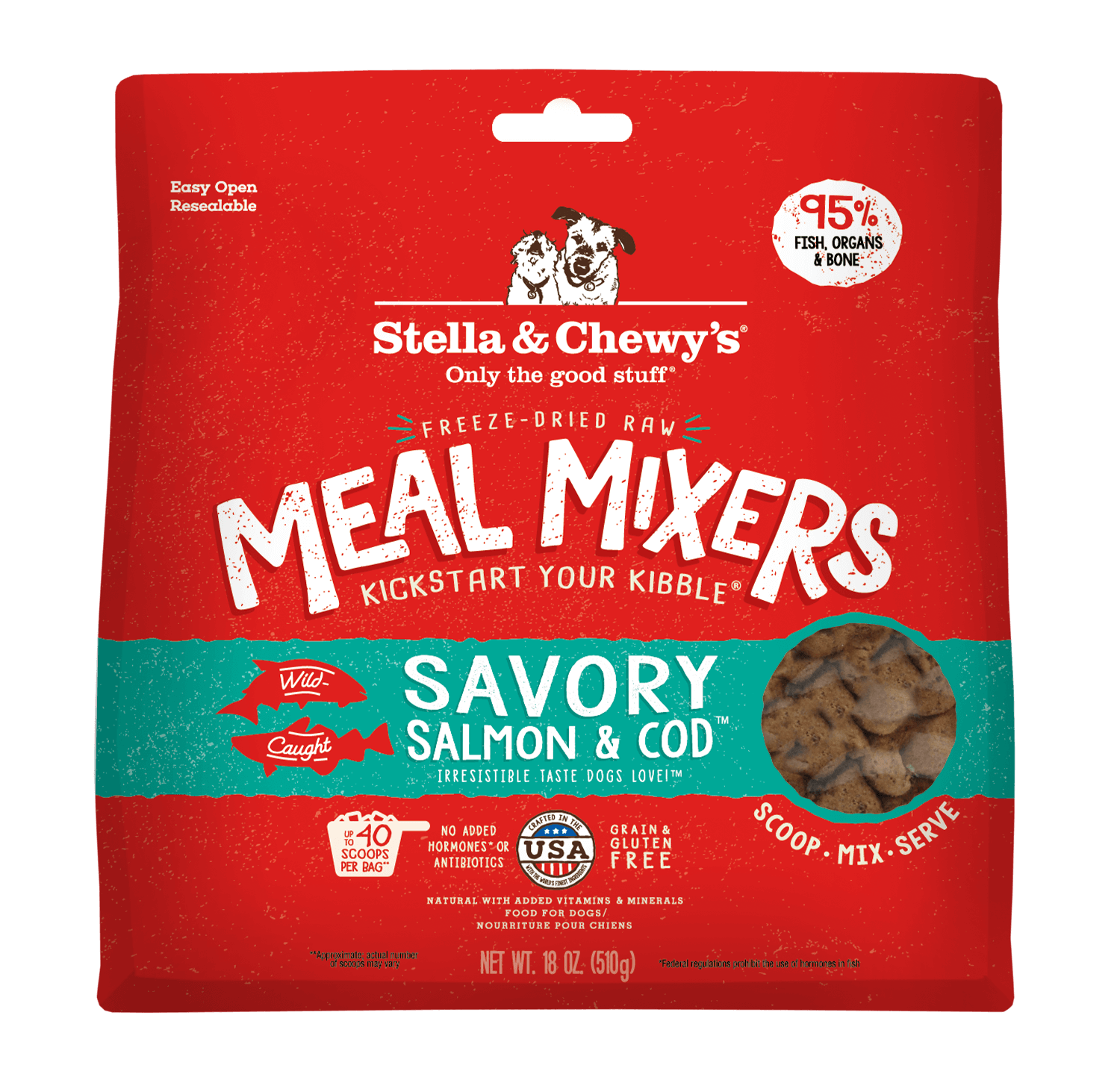 Stella & Chewy's Savory Salmon & Cod freeze-dried dog meal mixers with 95% fish, nutrients, and probiotics.
