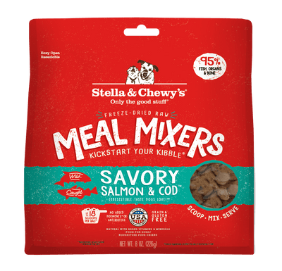 Stella & Chewy's Savory Salmon & Cod Freeze-Dried Raw Meal Mixers, 95% fish, nutrient-rich, grain-free, with probiotics.