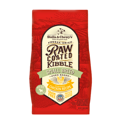 Stella & Chewy's freeze-dried raw coated kibble for small breeds, oven baked, cage-free chicken, grain-free, protein-rich.