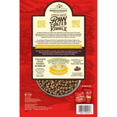 Stella & Chewy's Small Breed Freeze-Dried Raw Coated Kibble back label, showcasing chicken recipe and nutritional benefits.