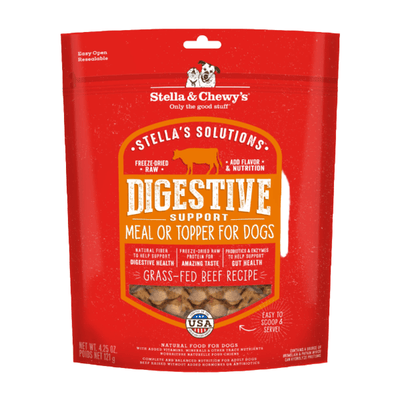 Stella & Chewy's Digestive Boost Beef Freeze-Dried Dog Meal, supports gut health with grass-fed beef and natural fibers.