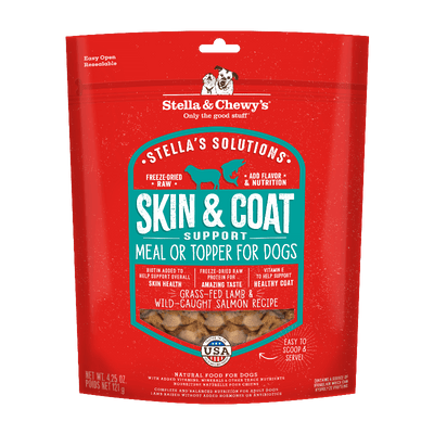 Stella & Chewy's Skin & Coat Support freeze-dried raw dog meal with lamb and salmon for healthy coats.