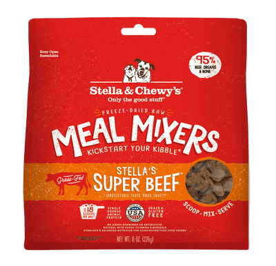 Stella & Chewy's Super Beef Freeze-Dried Raw Dog Meal Mixers package, containing 95% beef, nutrients, and probiotics for dogs.